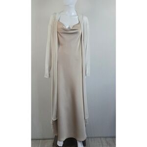 Champagne Satin Cowl Neck Slip Maxi Dress and Sheer Duster Cardigan Set Beige